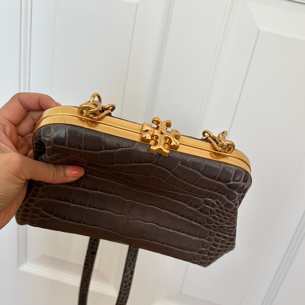 Tory Burch Brown Croc-Embossed Shoulder Bag with Gold Accents